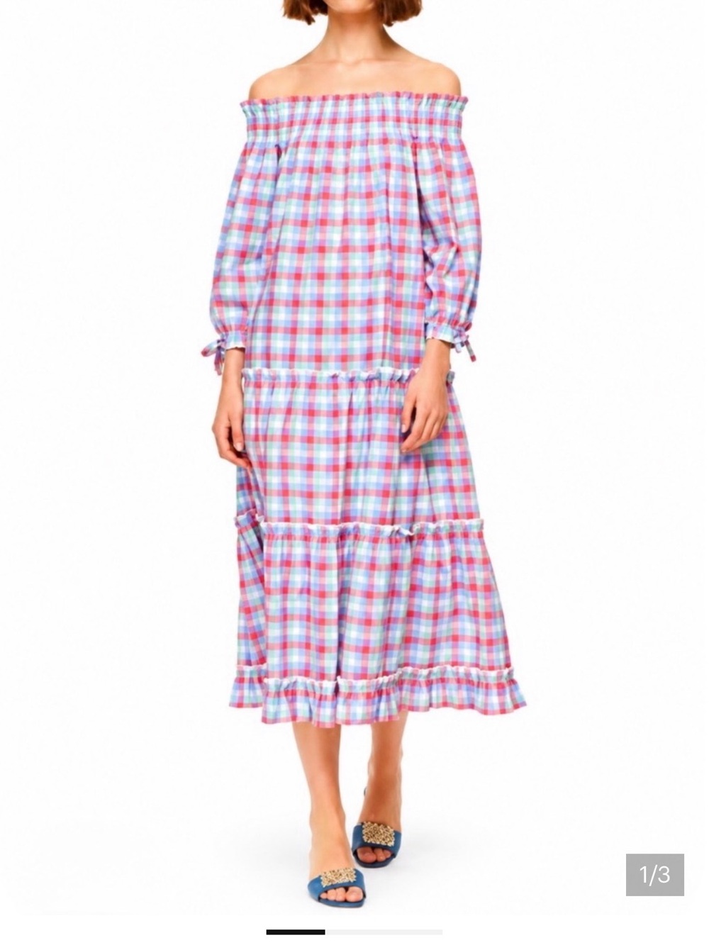 Kate Spade Off-Shoulder Pink & Blue Plaid Tiered Maxi Dress